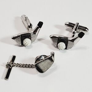 Cufflink & Tie Tack Set Golf Club Themed Silver Color Metal